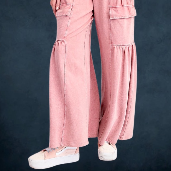 EASEL “Lovin’ It” Cotton Mineral Washed Pants Relax Fit Wide Ruffled Leg Pockets - Picture 4 of 14